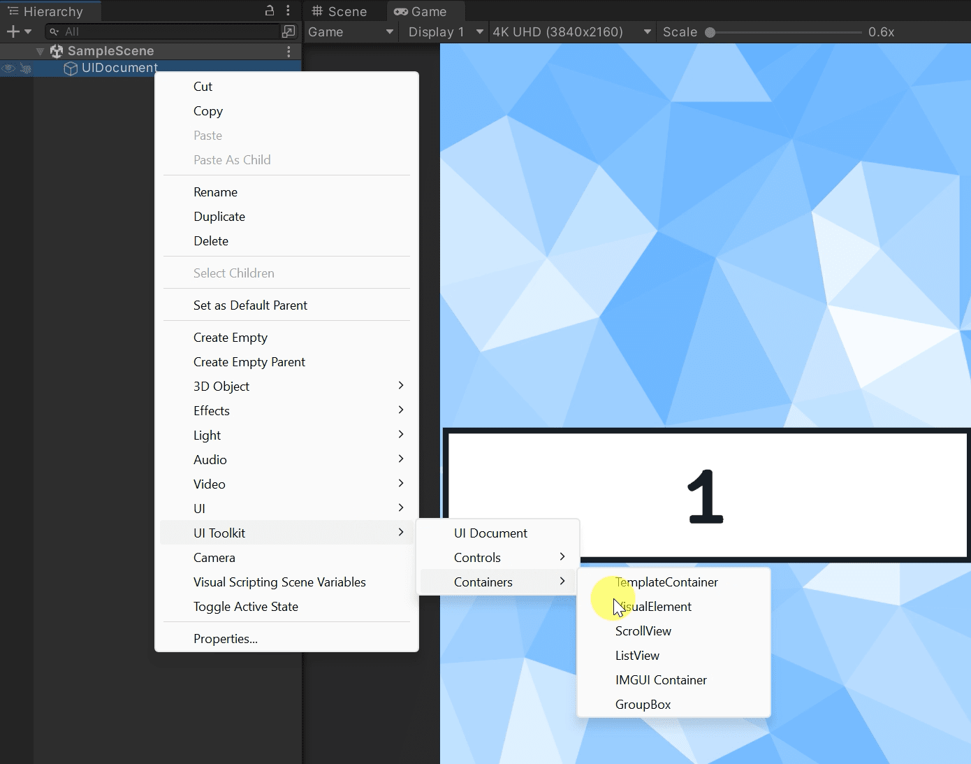 UI Toolkit Element added from Hierarchy tab