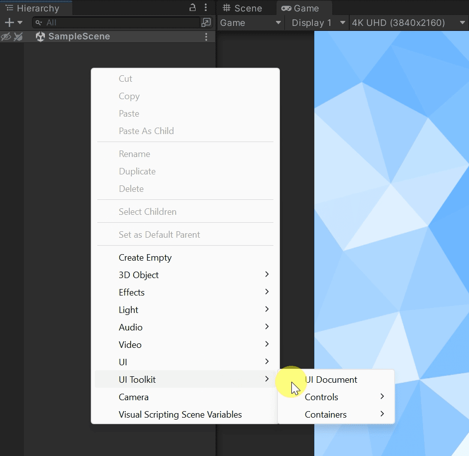 UI Document added from Hierarchy tab