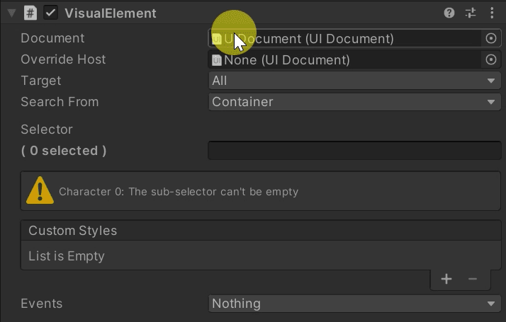 UI Document linked to the UI Toolkit Component