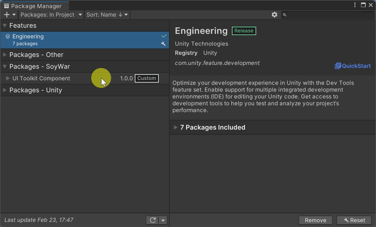 UI Toolkit Component package selected
